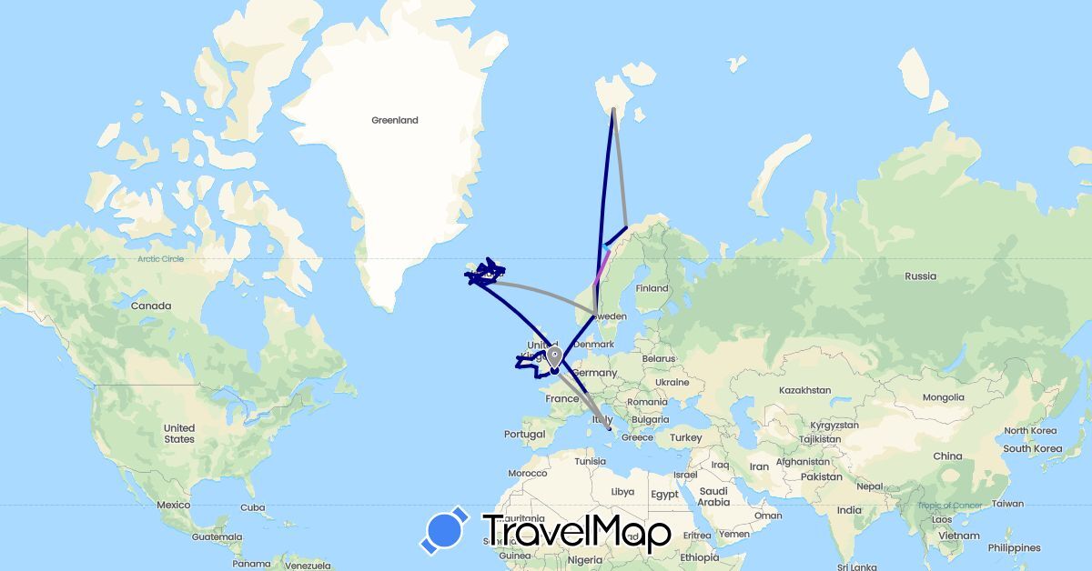 TravelMap itinerary: driving, plane, train, boat in Switzerland, United Kingdom, Ireland, Isle of Man, Iceland, Italy, Norway (Europe)